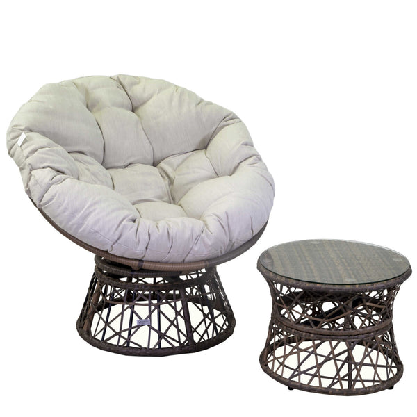 Salotto imbottito poltrona + tavolino tondo, polyrattan e grigio