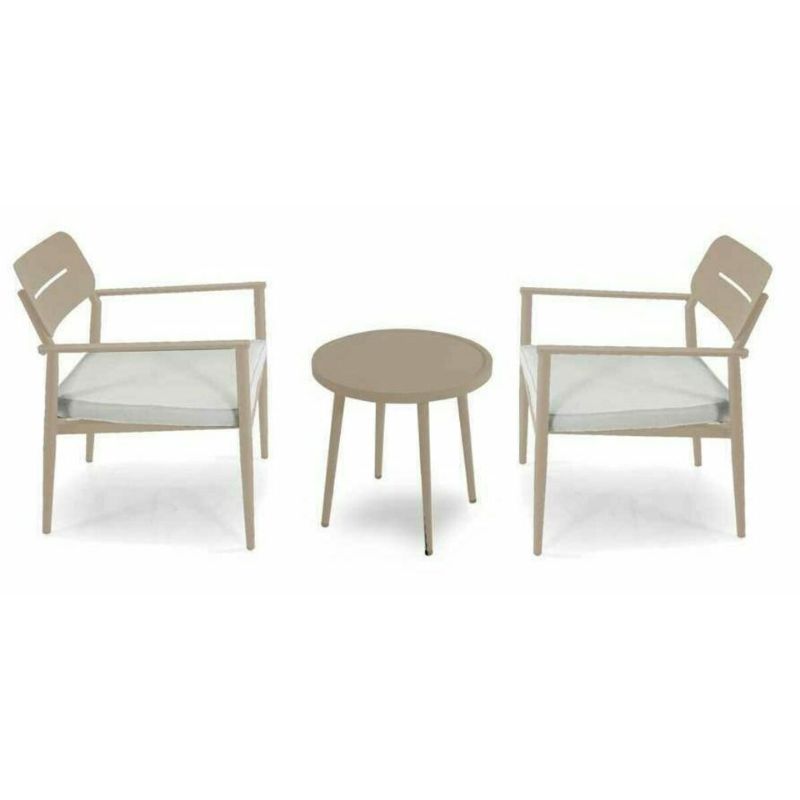 Salotto imbottito 2 poltrone con braccioli e tavolino tondo, beige